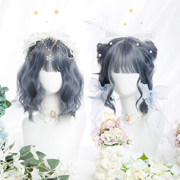 Curls Hair |  Lolita Girl Gray Blue Ash Green Short Curly Hair Yv42399