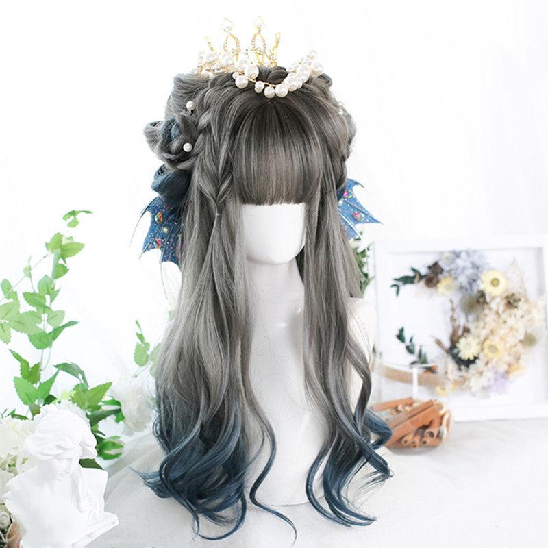 Long Hair |  Cyan Gray Gradient Blue Long Curly Hair Wig Yv43697