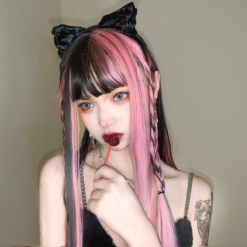 Long Hair |  Harajuku Black Mixed Pink Long Wig Yv43646