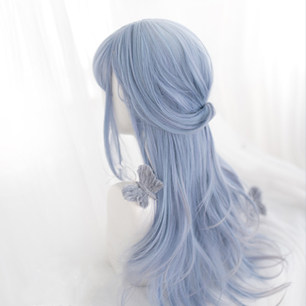 Long Hair |  Harajuku Blue Gradient Gray Long Curly Wig Yv43575