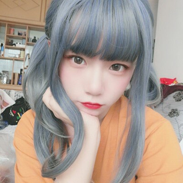 Long Hair |  Harajuku Blue-Gray Gradient Long Curly Wig Yv43577