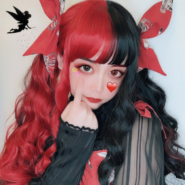 Long Hair |  Harajuku Lolita Red And Black Color Matching Wig Yv42318