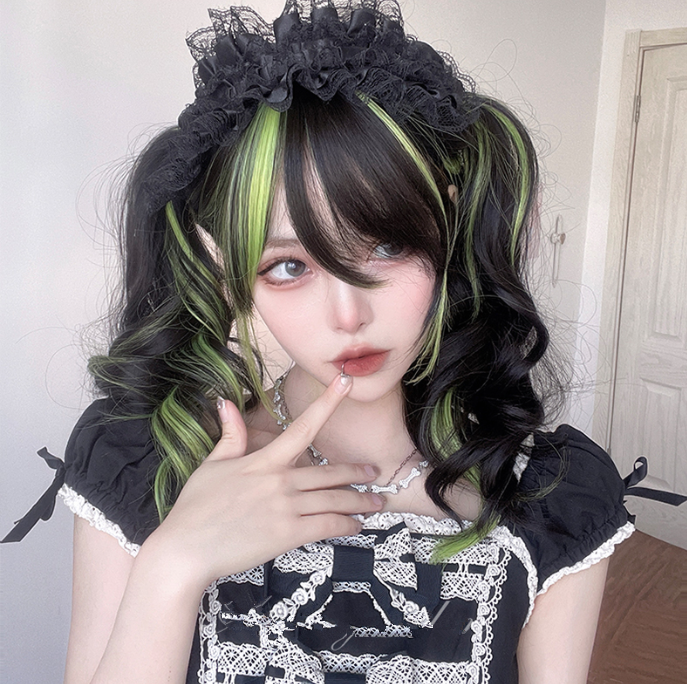 Long Hair |  Lolita Black Highlight Green Wig Yv31076