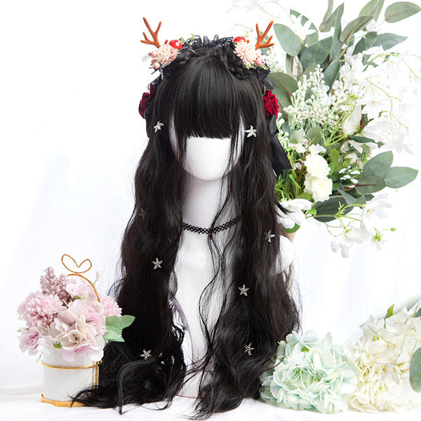 Long Hair |  Lolita Black Long Roll Wig Yv42474