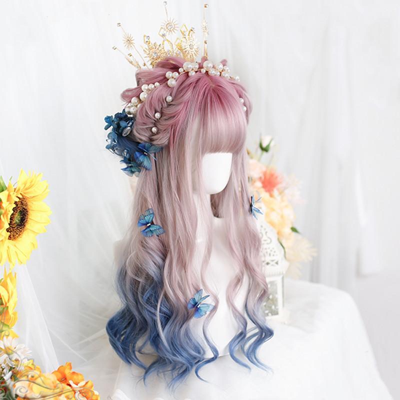 Long Hair |  Lolita Purple Gradient Blue Long Curly Wig Yv43604