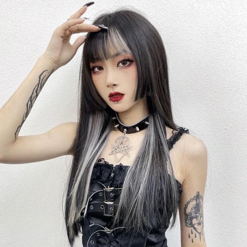 Long Hair |  Punk Black Highlights White Wig Yv31104