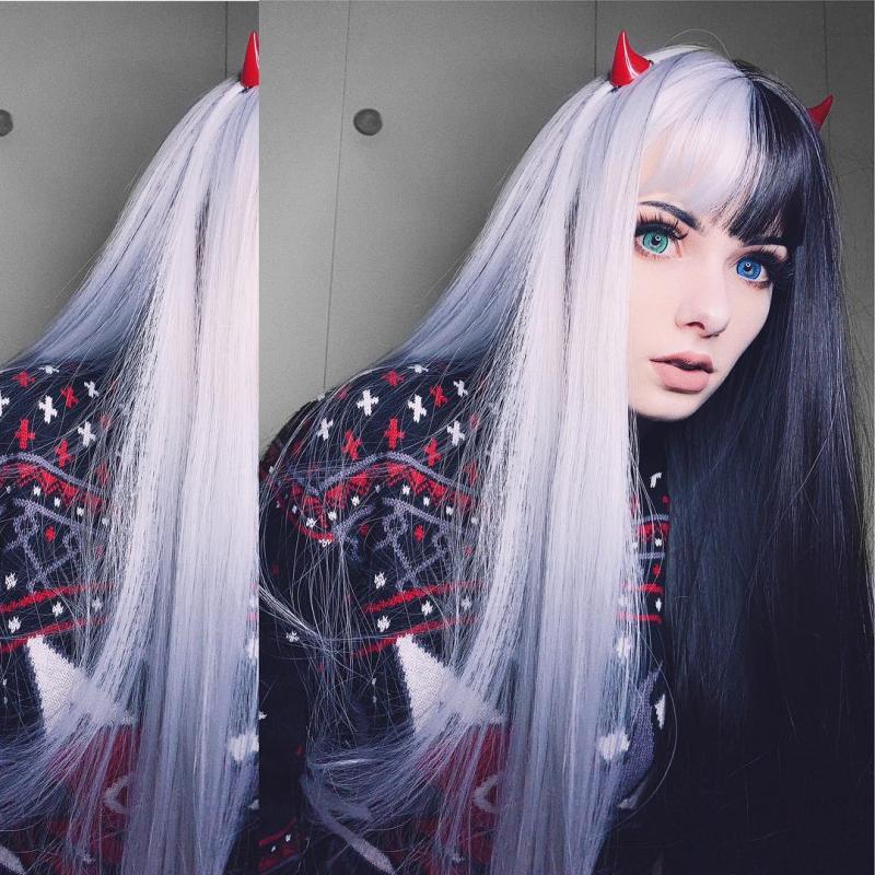 Long Hair |  Punk Half Black Half White Long Wig Yv40711