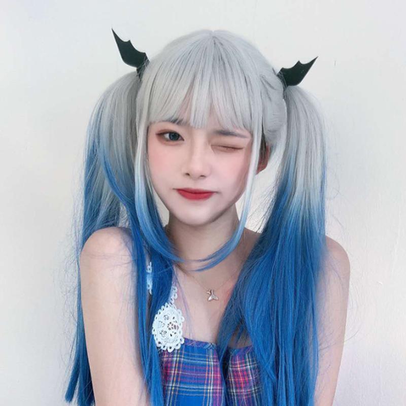 Long Hair |  Silver White Gradient Blue Long Wig Yv43658