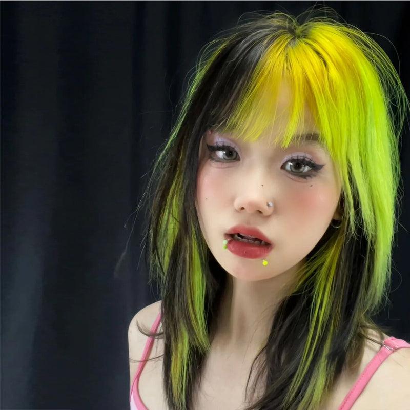 Medium Long Hair |  Black And Green Highlighted Wig Yv31797