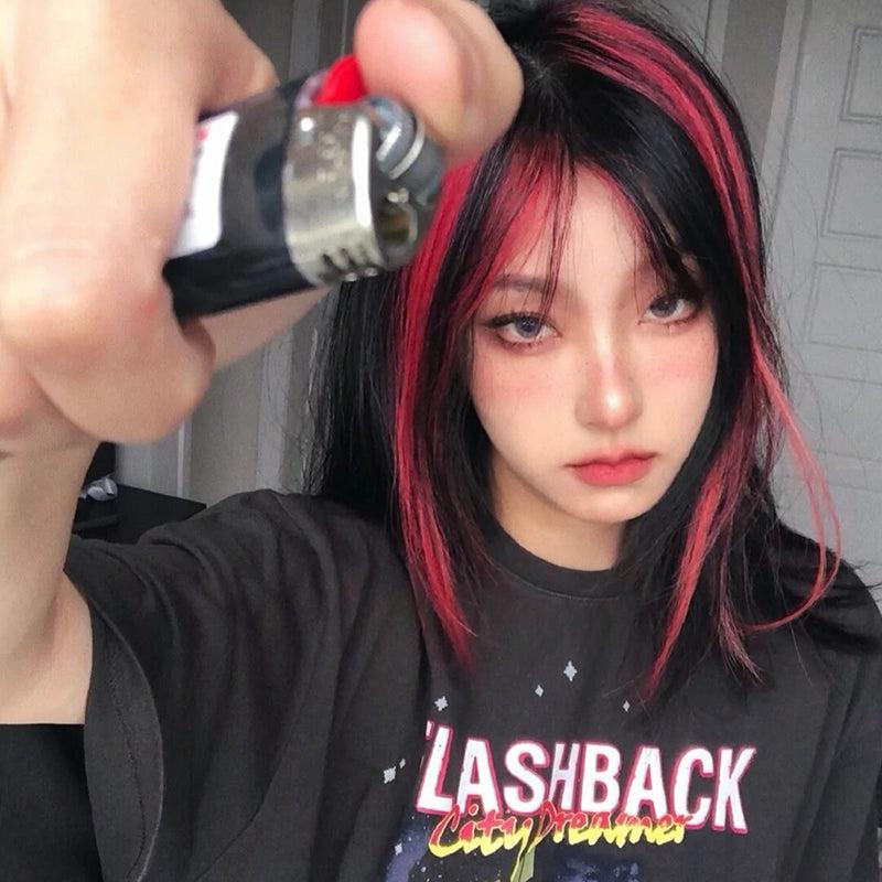 Medium Long Hair |  Punk Black Highlight Red Wig Yv31143