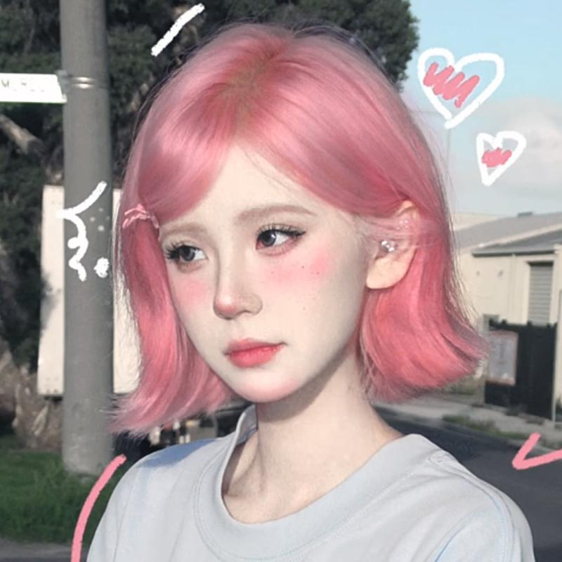 Short Hair |  Pink Full Head Cover Shoulder Length Short Wig Yv475786