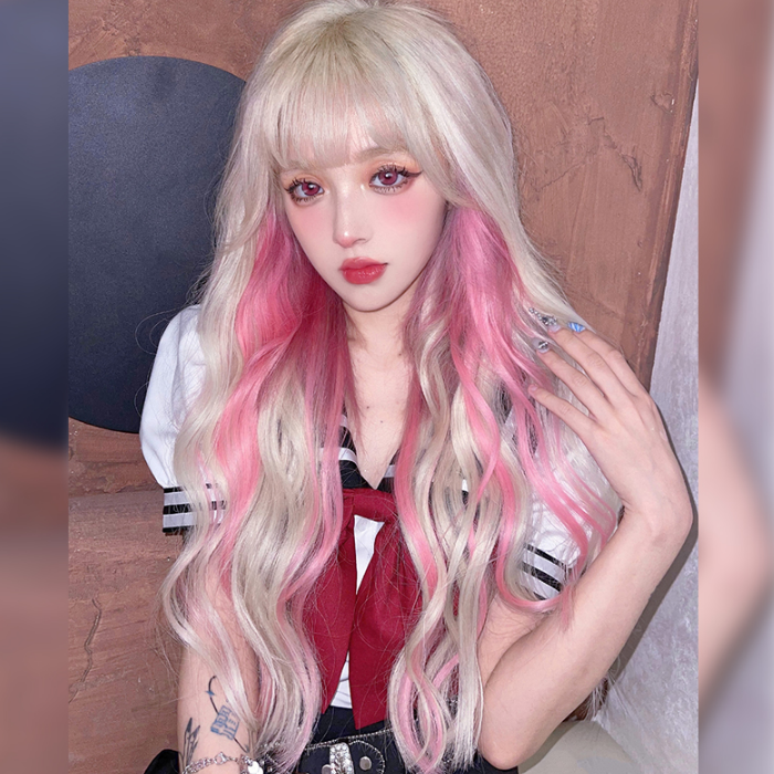 Long Hair |  Lolita Gold Highlighting Pink Wig Yv30250