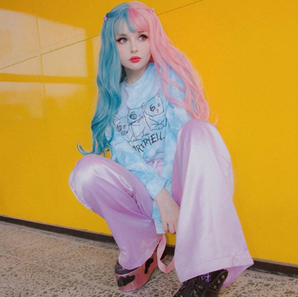 Long Hair |  Lolita Pink Blue Long Curly Wig Yv30763