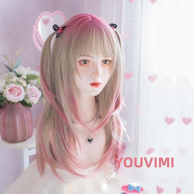 Long Hair |  Yarn Gold Gradient Pink Wig Yv476006